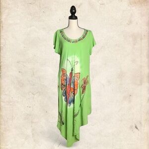 Asymmetrical Green Dress with Butterfly Design